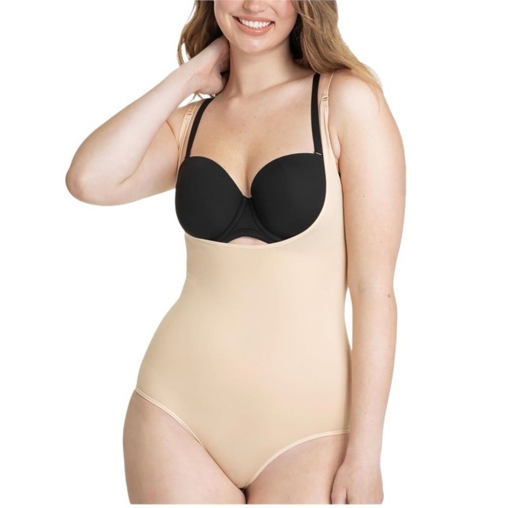 Shapermint Bodysuit 3X Nude Beige Open Bra Brief Panty Seamless Compression OCT